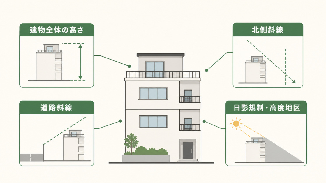 屋上プレハブ増築で確認する建物全体の高さ、道路斜線、北側斜線、日影規制・高度地区