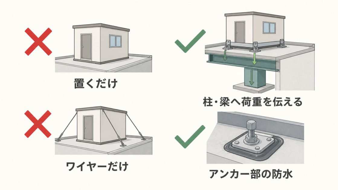 置くだけ・ワイヤーだけの固定を避け、柱・梁への荷重伝達とアンカー部の防水を行う比較図