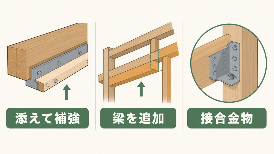 既存梁に部材を添える補強、新しい梁の追加、柱との接合部への金物設置を比較した図解