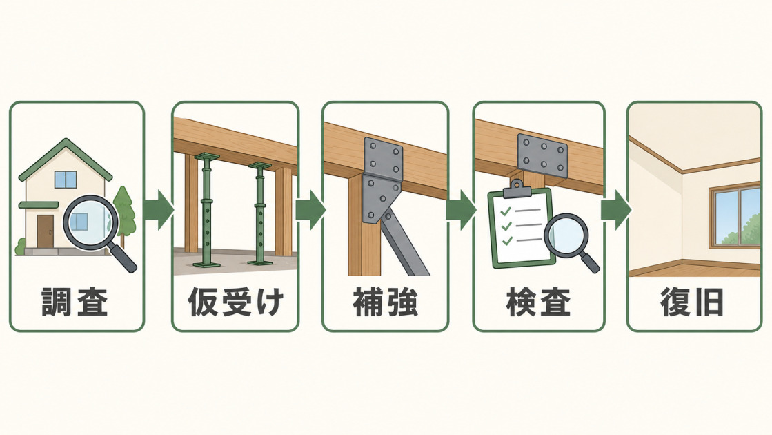 調査、仮受け、補強、検査、内装復旧の順に梁補強リフォームの基本工程を示した図解