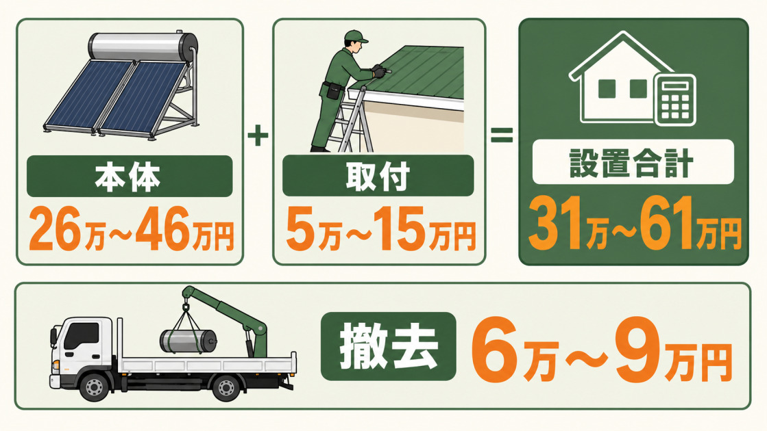 本体26万〜46万円、取付5万〜15万円、設置合計31万〜61万円、撤去6万〜9万円の費用目安