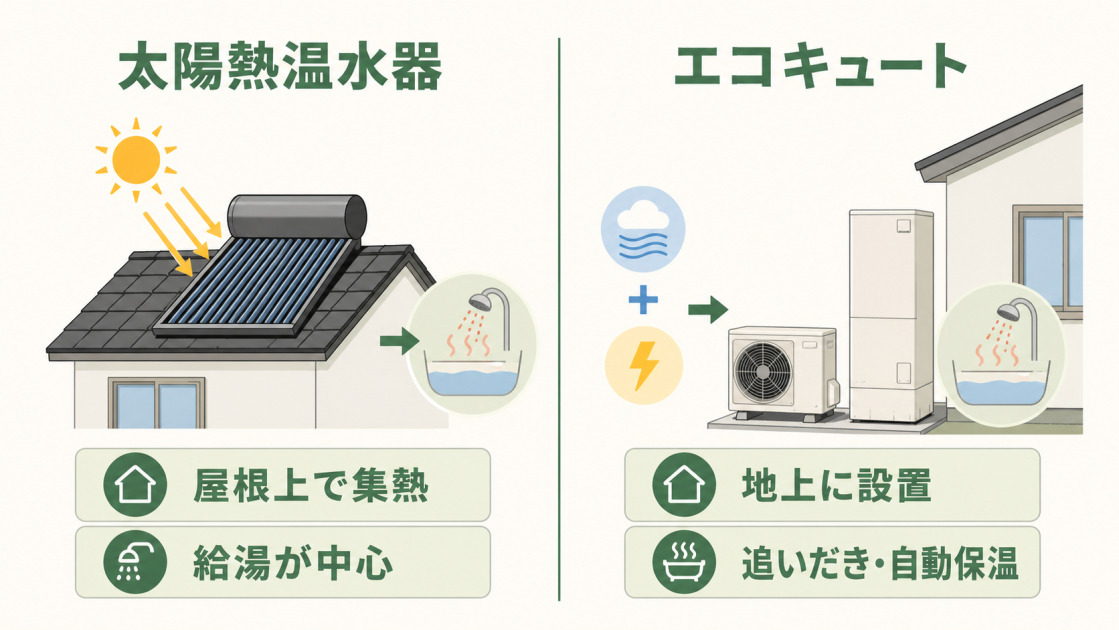 屋根上で集熱し給湯を中心とする太陽熱温水器と、地上に設置し追いだきや自動保温ができるエコキュートの比較