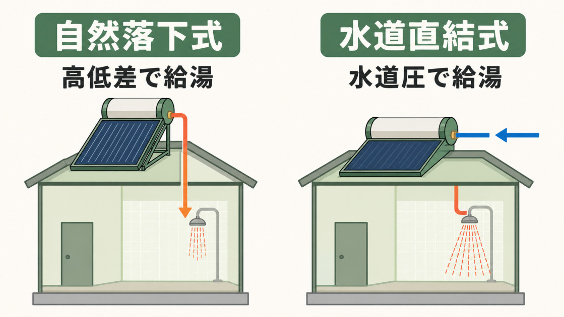 自然落下式は高低差、水道直結式は水道圧で給湯する違いを示した図解