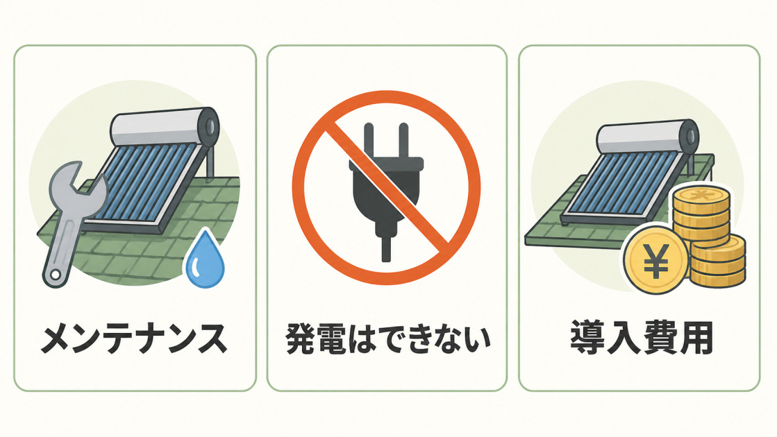 メンテナンスが必要、発電はできない、導入費用がかかるという太陽熱温水器のデメリット