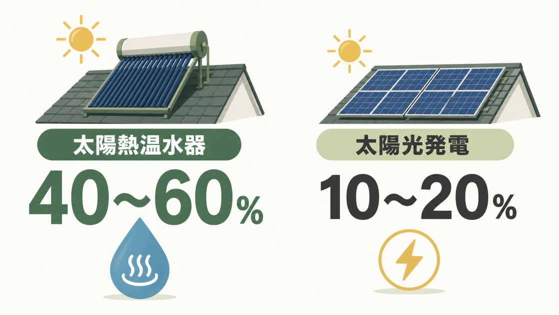 太陽熱温水器の変換効率40〜60%と太陽光発電の10〜20%を比較した図解