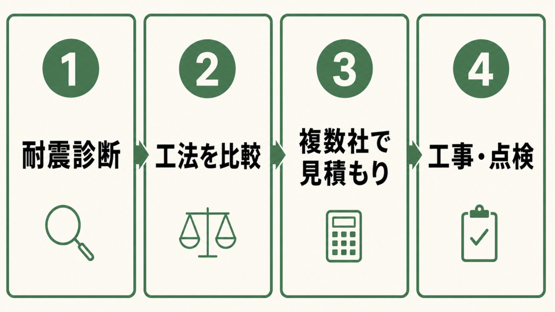 耐震診断、工法の比較、複数社での見積もり、工事・点検の順に地震対策リフォームの流れを示した図解