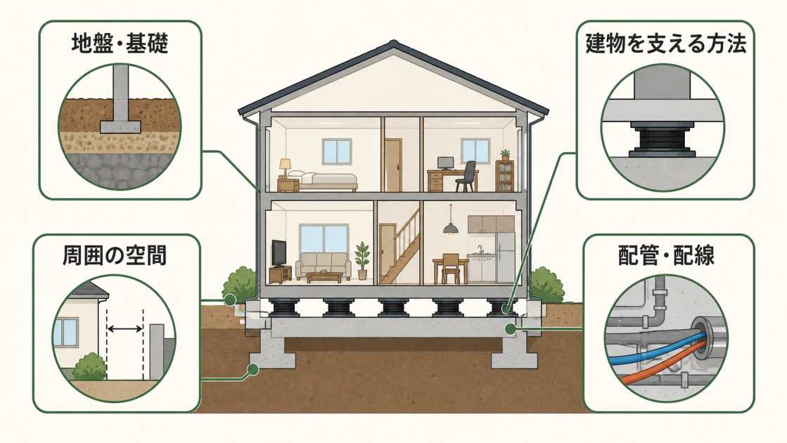 戸建ての断面図を中心に、地盤・基礎、建物を支える方法、周囲の空間、配管・配線の4つの施工条件を示した図解