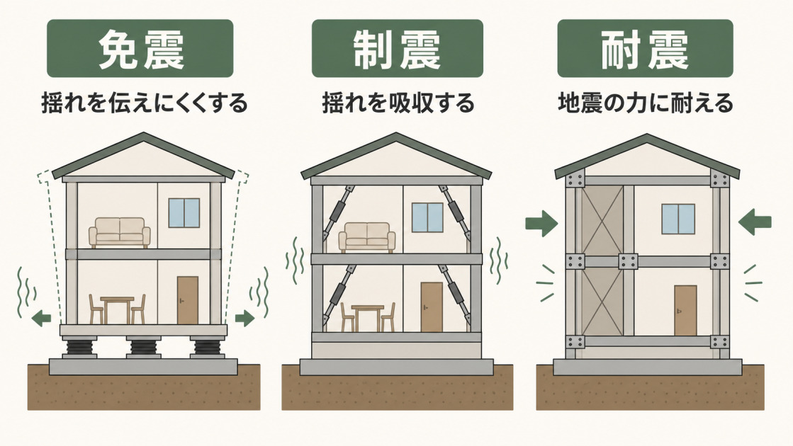 免震は揺れを伝えにくくし、制震は揺れを吸収し、耐震は地震の力に耐えることを3つの住宅断面で比較した図解