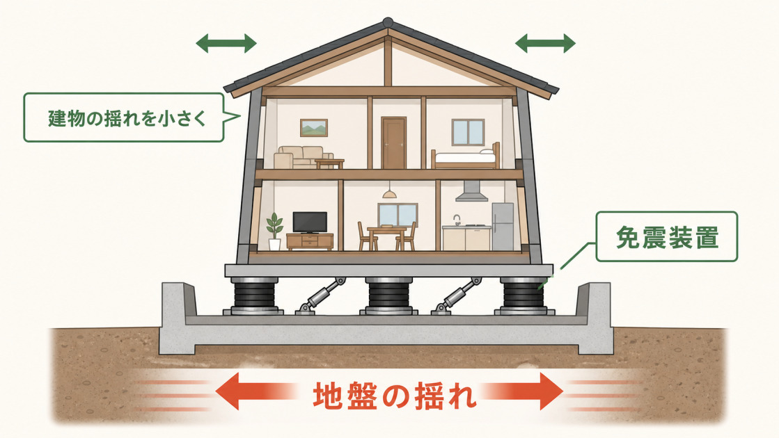 地盤と戸建て住宅の間に免震装置を設け、地盤の大きな揺れが建物へ伝わるのを抑える仕組みを示した断面図