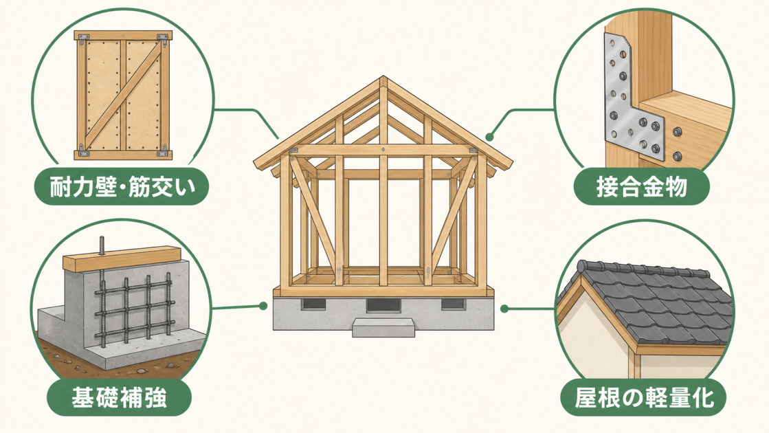 木造住宅の地震対策として、耐力壁・筋交い、接合金物、基礎補強、屋根の軽量化を示した図解