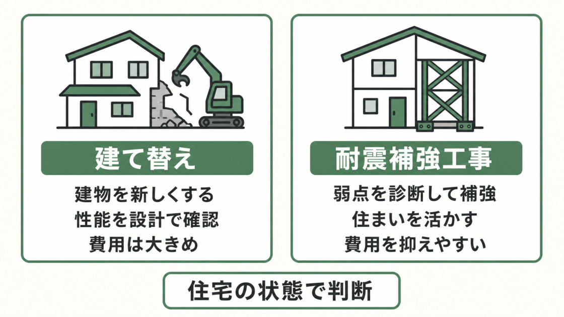 耐震性を高める建て替えと耐震補強工事を、建物の更新、性能確認、費用、診断・補強の観点で比較した図