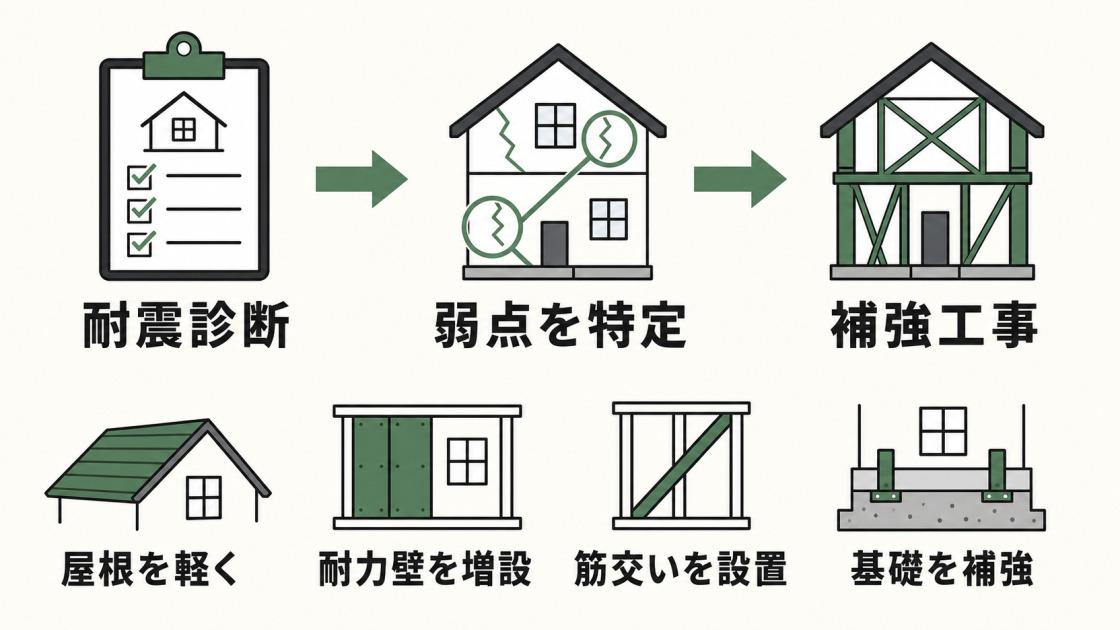 耐震診断から弱点特定、補強工事までの流れと、屋根・耐力壁・筋交い・基礎の補強方法を示す図