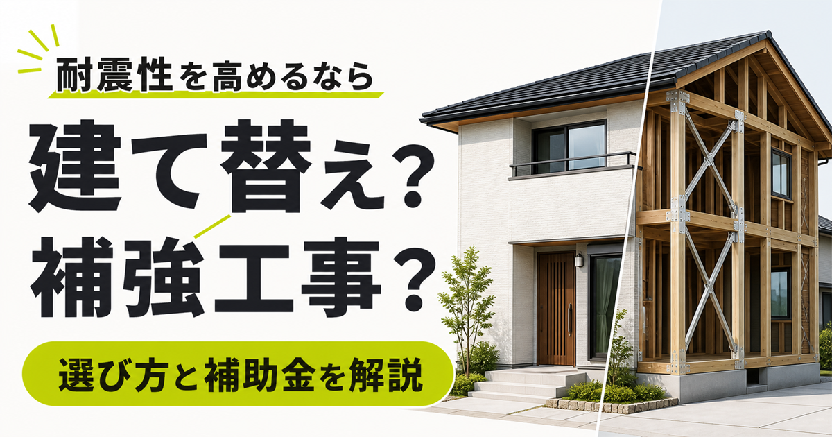 完成した戸建て住宅と筋交いのある木造骨組みを対比した「建て替え？補強工事？」のイメージ