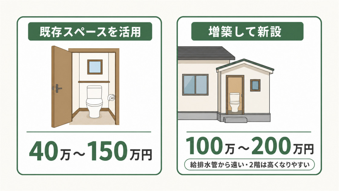 既存スペースを活用する場合は40万〜150万円、増築して新設する場合は100万〜200万円が目安で、給排水管から遠い場所や2階は高くなりやすいことを示す比較図
