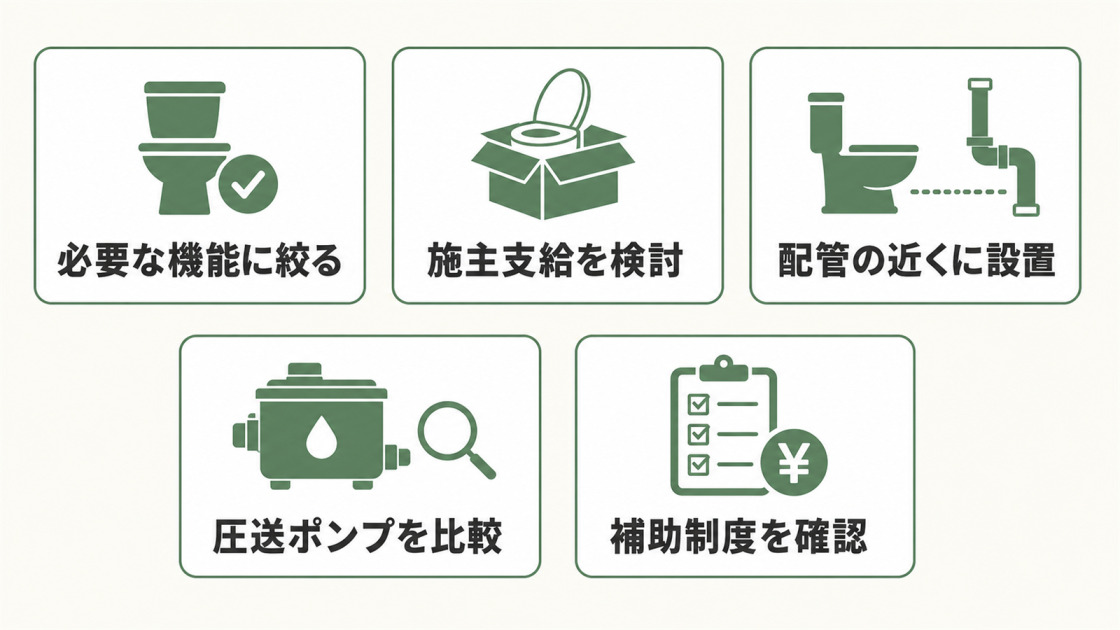 必要な機能に絞る、施主支給を検討する、配管の近くに設置する、圧送ポンプを比較する、補助制度を確認するという5つの節約方法