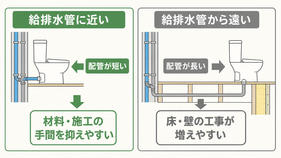 給排水管の近くでは配管が短く材料と施工の手間を抑えやすく、遠い場所では配管が長く床や壁の工事が増えやすいことを示す比較図