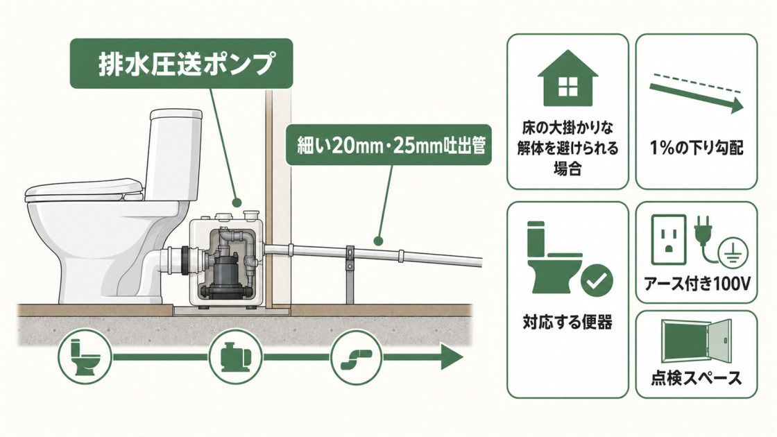 排水圧送ポンプと20mm・25mmの吐出管の接続例に、1%の下り勾配、対応便器、アース付き100V、点検スペースの条件を示した図