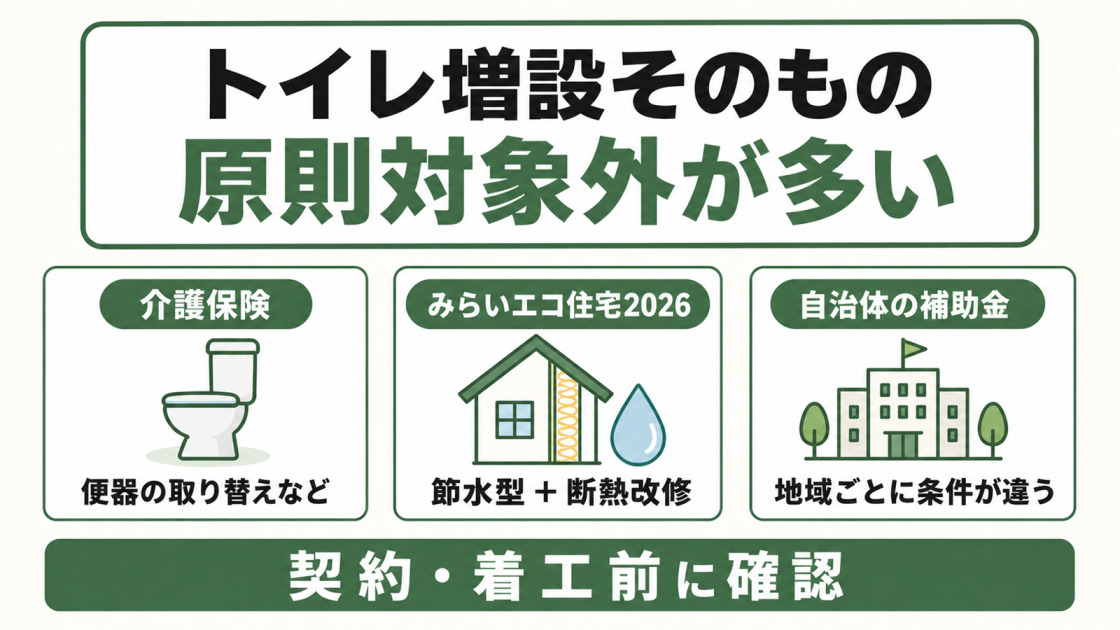 トイレ増設そのものは原則対象外が多く、介護保険、みらいエコ住宅2026、自治体の補助金ごとに対象工事を契約や着工前に確認することを示す図