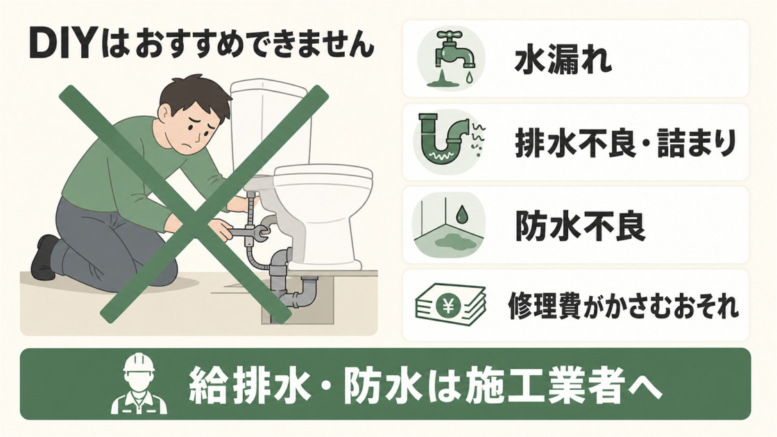 トイレのDIY工事に禁止印を重ね、水漏れ、排水不良や詰まり、防水不良、修理費がかさむおそれを示し、施工業者への依頼を促す図