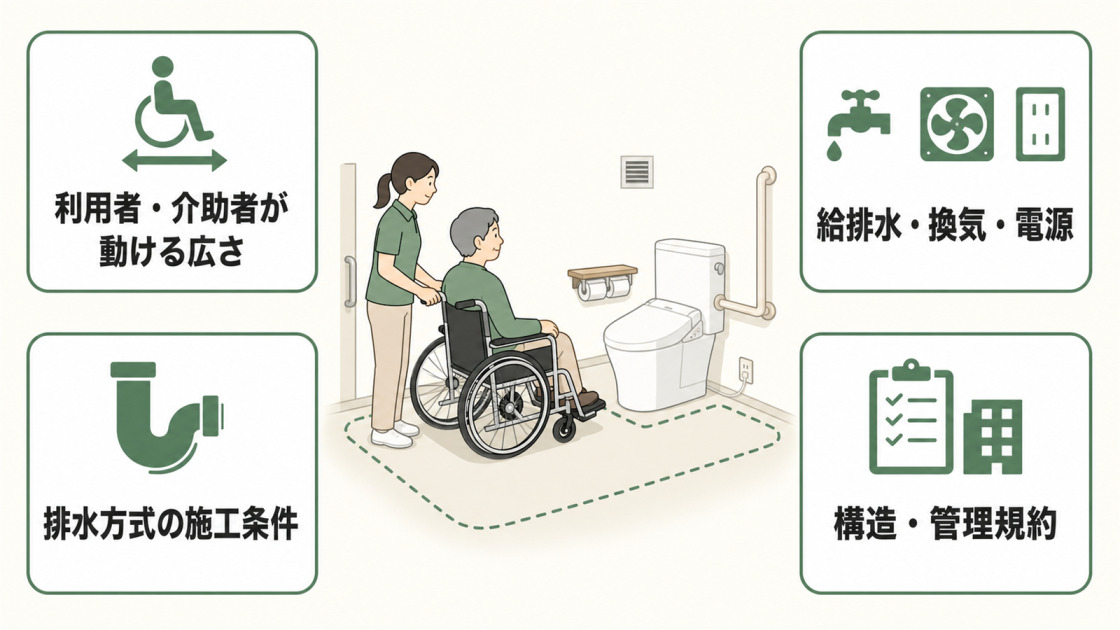 車いす利用者と介助者の場面を中心に、動ける広さ、給排水・換気・電源、排水方式の施工条件、構造・管理規約の4項目を示す図