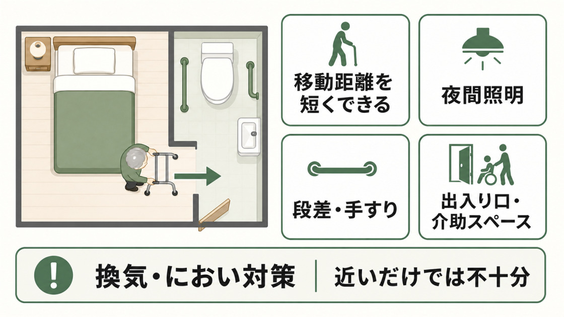 ベッドと近接するトイレの平面図に、移動距離、夜間照明、段差と手すり、出入り口と介助スペース、換気とにおい対策の確認点を示す図