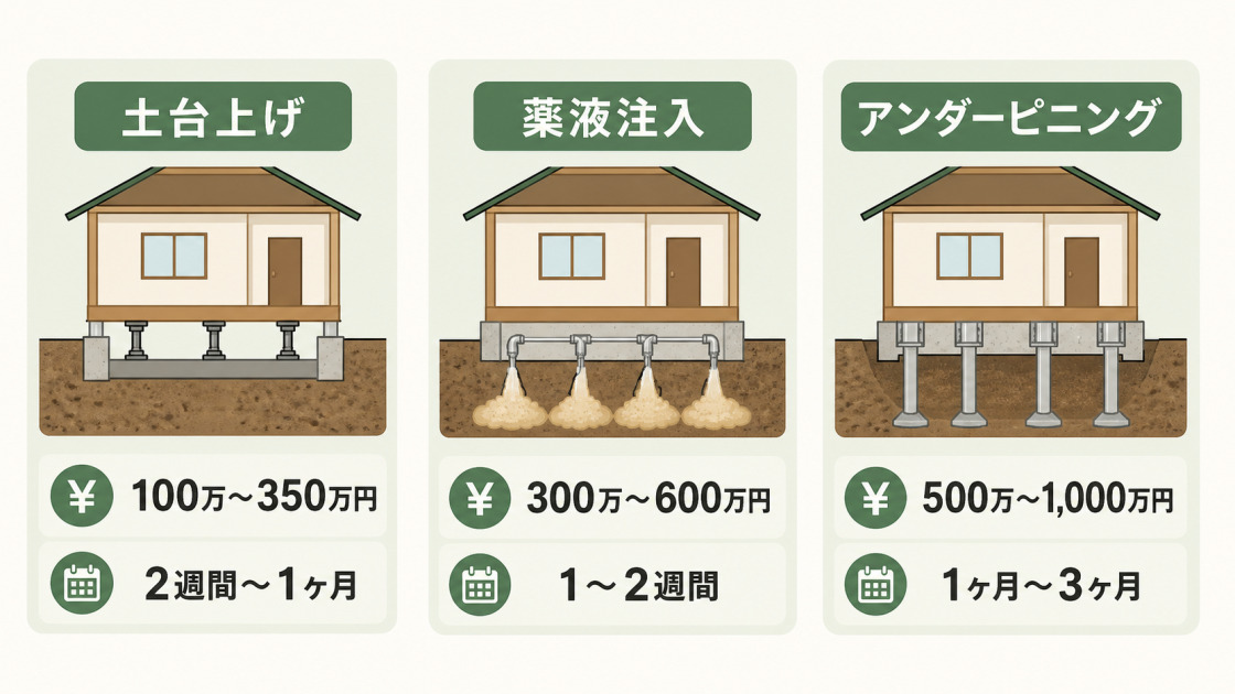 土台上げ、薬液注入、アンダーピニングの仕組みと、費用100万〜1,000万円、工期1週間〜3ヶ月の目安を比較した図