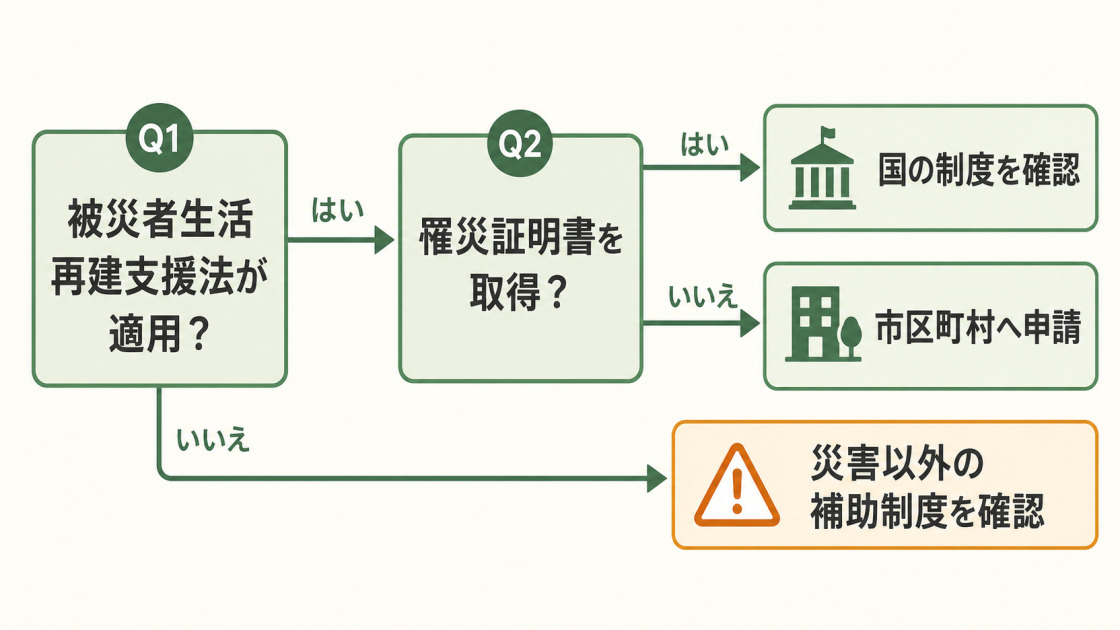 被災者生活再建支援法の適用と罹災証明書の取得状況から、確認すべき制度や申請先を判断するセルフチェック図