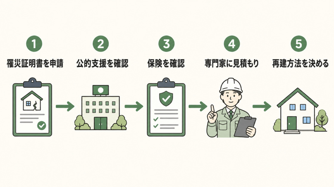 罹災証明書の申請、公的支援と保険の確認、専門家への見積もり依頼、再建方法の決定までを示した5ステップ