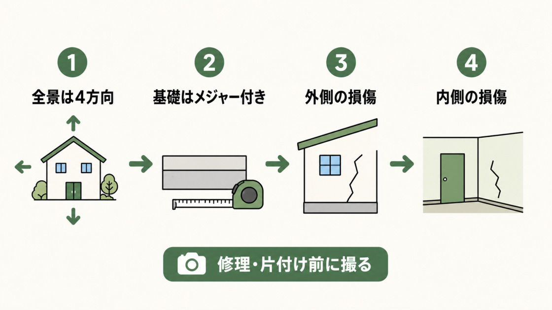 修理や片付けの前に、家の全景を4方向から撮り、基礎にはメジャーを添え、外側と内側の損傷を記録する手順