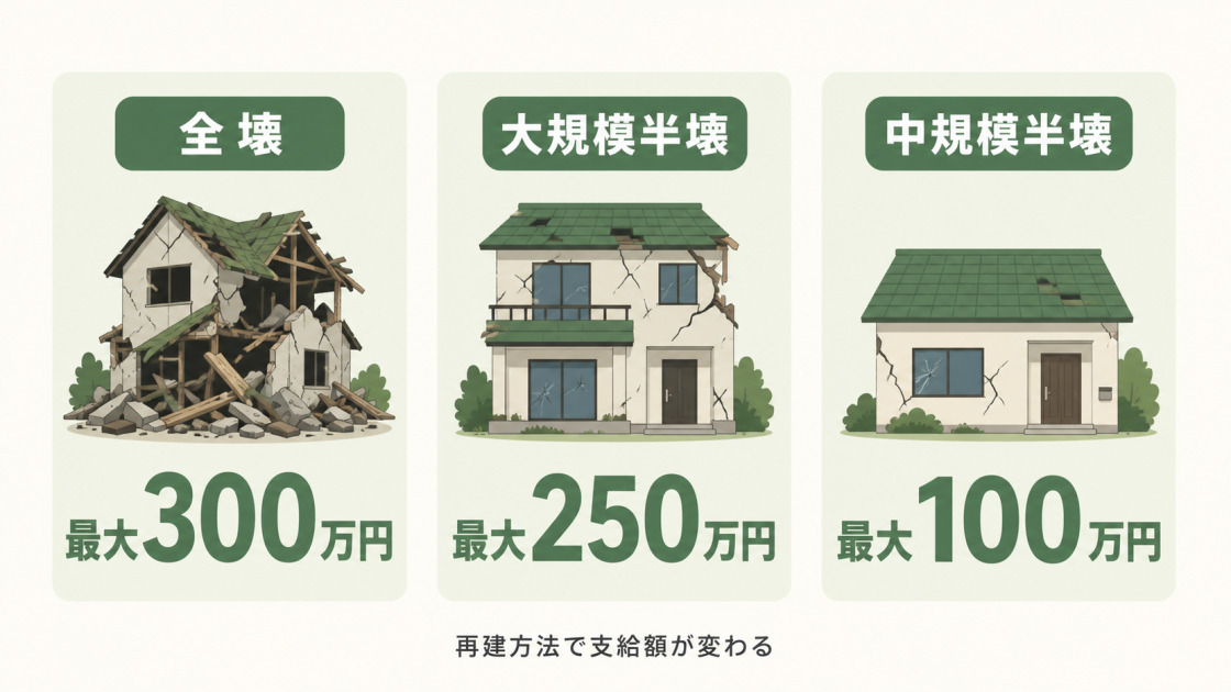 被災者生活再建支援制度の支援金上限を、全壊300万円、大規模半壊250万円、中規模半壊100万円で比較した図