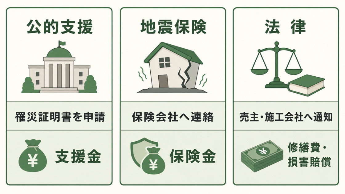 公的支援は罹災証明書を申請して支援金、地震保険は保険会社へ連絡して保険金、法律は売主や施工会社へ通知して修繕費や損害賠償を求める違い
