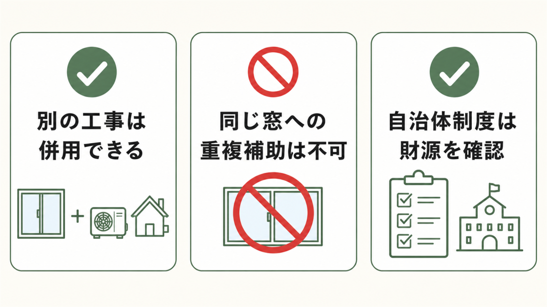 別の工事は補助金を併用でき、同じ窓への重複補助は不可、自治体制度は財源確認が必要と示す図解