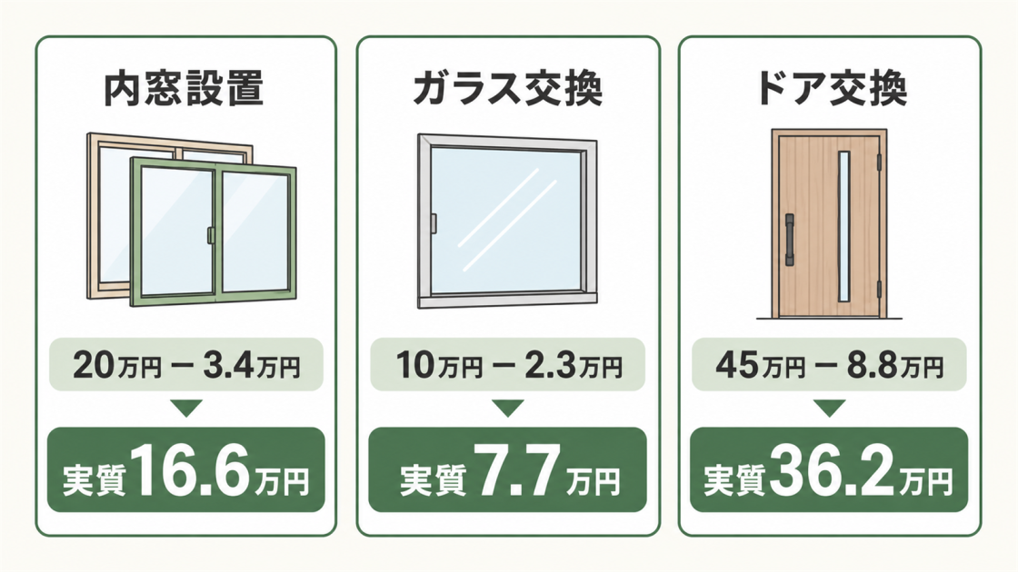 内窓設置は20万円から3.4万円を引き実質16.6万円、ガラス交換は10万円から2.3万円を引き実質7.7万円、ドア交換は45万円から8.8万円を引き実質36.2万円となる例