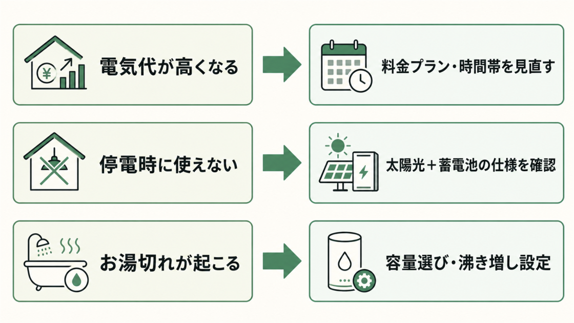 電気代上昇には料金プランと時間帯の見直し、停電には太陽光と蓄電池の仕様確認、お湯切れには容量選びと沸き増し設定で備える図