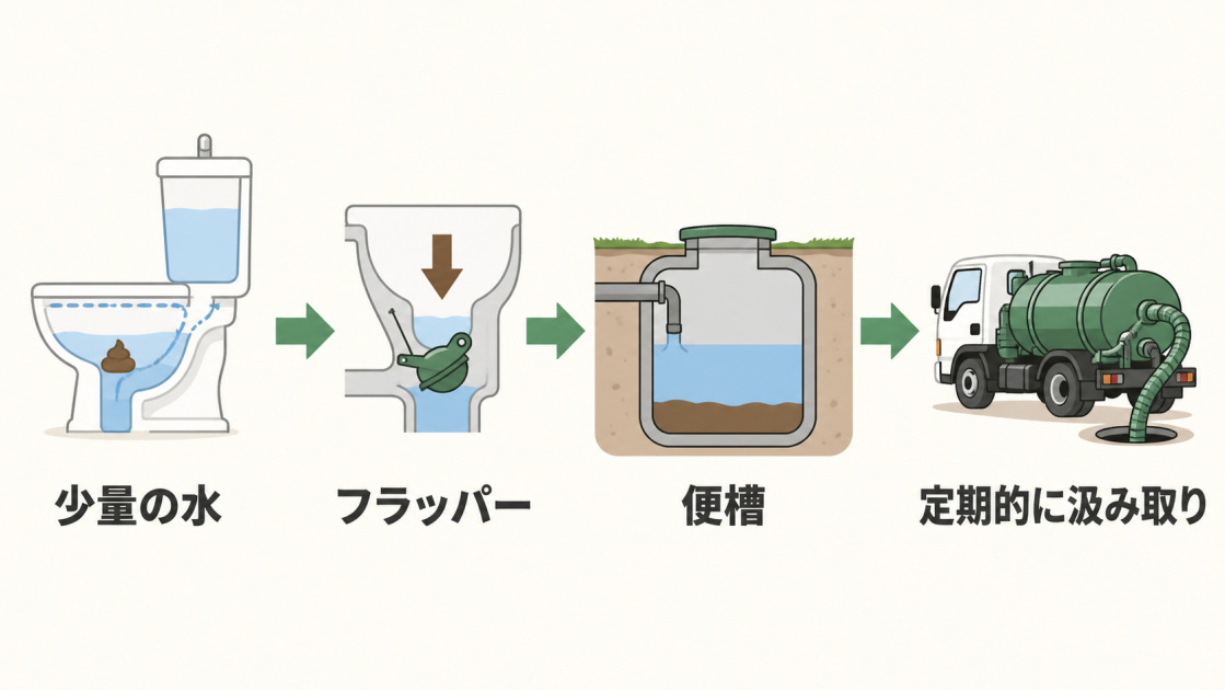 少量の水で汚物をフラッパーから便槽へ流し、定期的に汲み取る簡易水洗トイレの仕組み