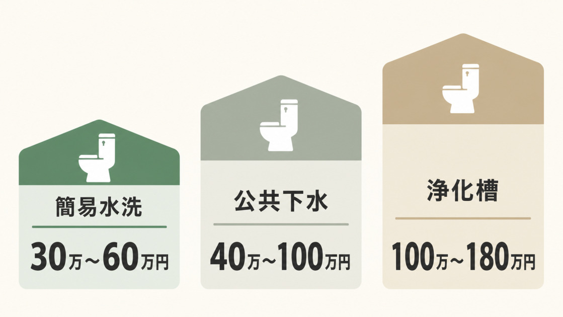 簡易水洗30万〜60万円、公共下水40万〜100万円、浄化槽100万〜180万円の改修費用比較