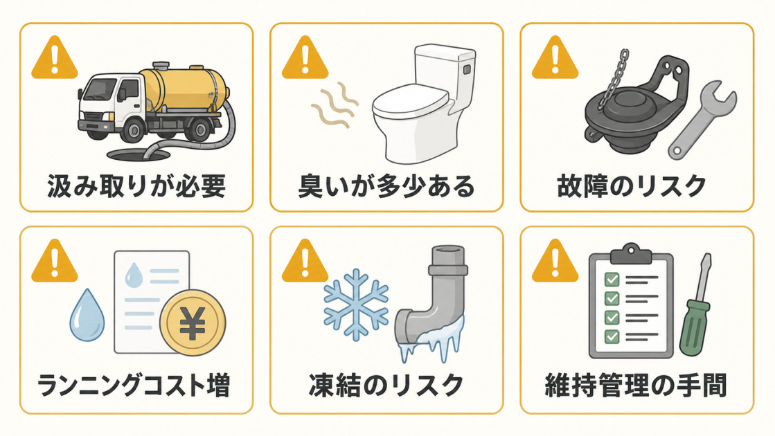 汲み取りの必要性、残る臭い、故障、ランニングコスト、凍結、維持管理の6つのリスクを示す図解