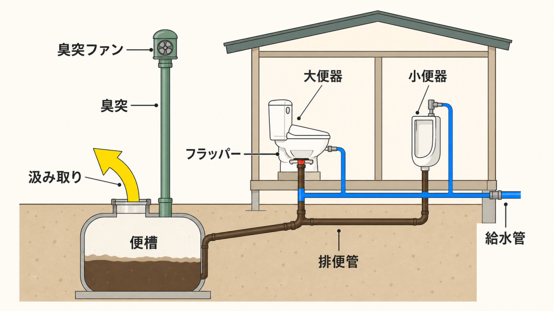 大便器と小便器から便槽までの給水管・排便管、臭突、臭突ファン、フラッパー、汲み取り位置を示した簡易水洗トイレの構造図