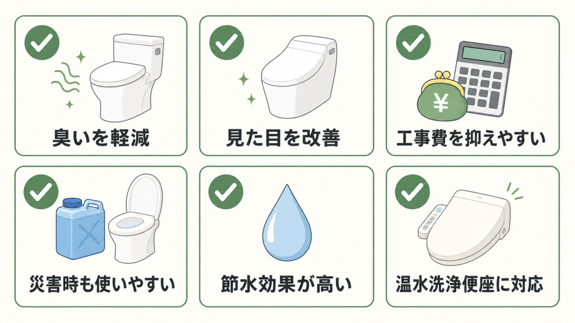 臭いの軽減、見た目の改善、工事費の抑制、災害時の使いやすさ、節水効果、温水洗浄便座への対応を示す図解