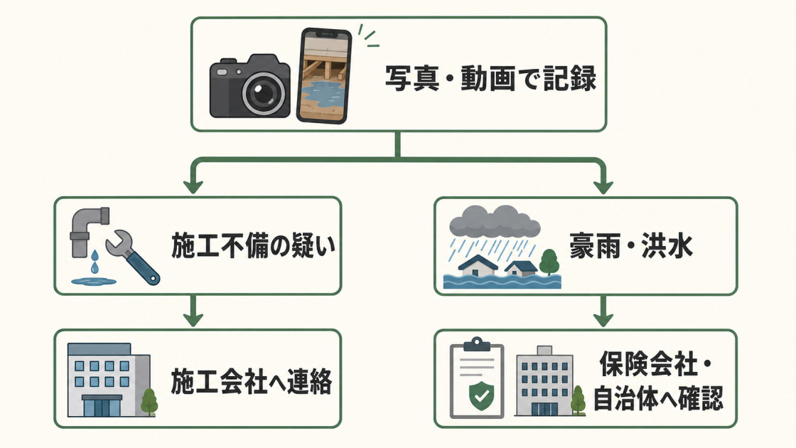 被害を写真・動画で記録し、施工不備は施工会社、豪雨・洪水は保険会社や自治体へ確認する流れを示す図解