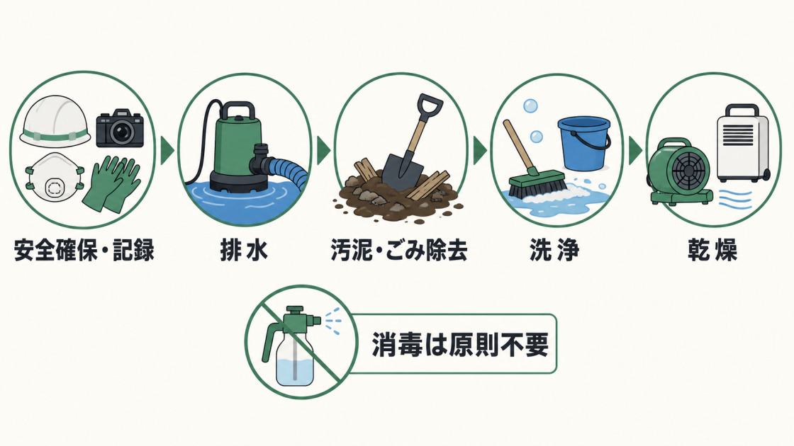床下浸水後に安全確保と記録、排水、汚泥・ごみ除去、洗浄、乾燥の順で進め、消毒は原則不要と示す図解