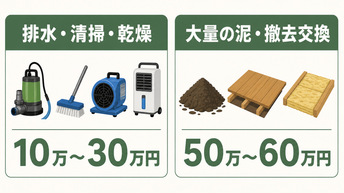 床下浸水の排水・清掃・乾燥は10万〜30万円、大量の泥や撤去交換があると50万〜60万円になる費用相場の図解