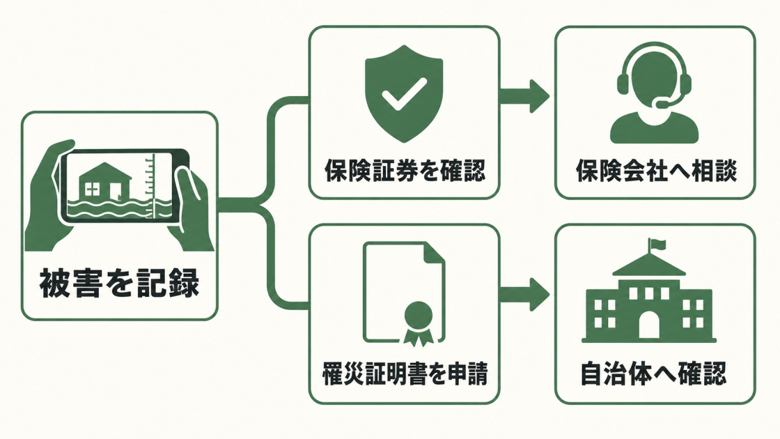 被害を記録したあと、保険証券を確認して保険会社へ相談する流れと、罹災証明書を申請して自治体へ確認する流れを示す図解