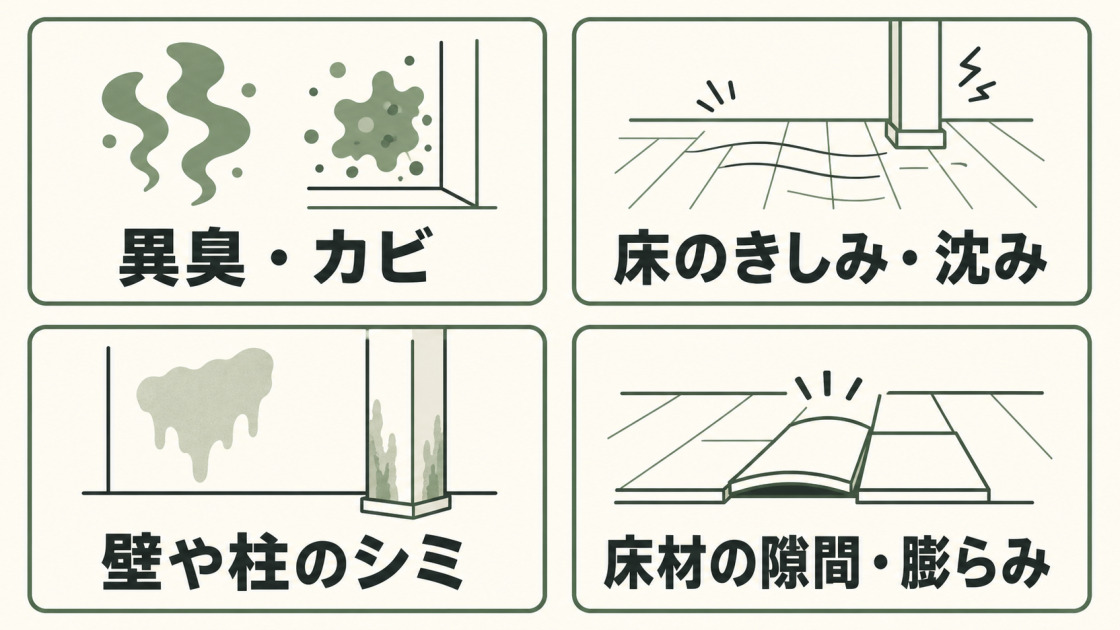 異臭・カビ、床のきしみ・沈み、壁や柱のシミ、床材の隙間・膨らみという床下浸水のサインを示す図解