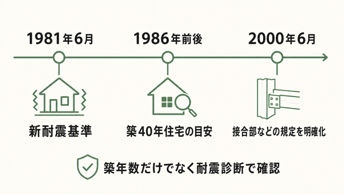 1981年6月の新耐震基準、1986年前後の築40年住宅、2000年6月の接合部規定明確化を並べ、耐震診断の必要性を示す時系列図