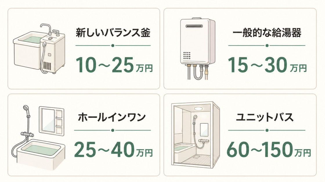 新しいバランス釜、一般的な給湯器、ホールインワン、ユニットバスの費用目安を比較した図解