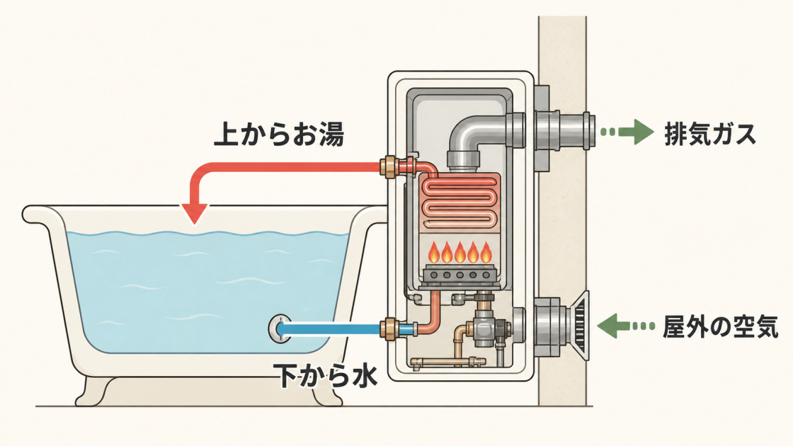 屋外の空気を取り込んで排気ガスを屋外へ出し、浴槽の下から水を取り込んで上からお湯を戻すバランス釜の仕組み