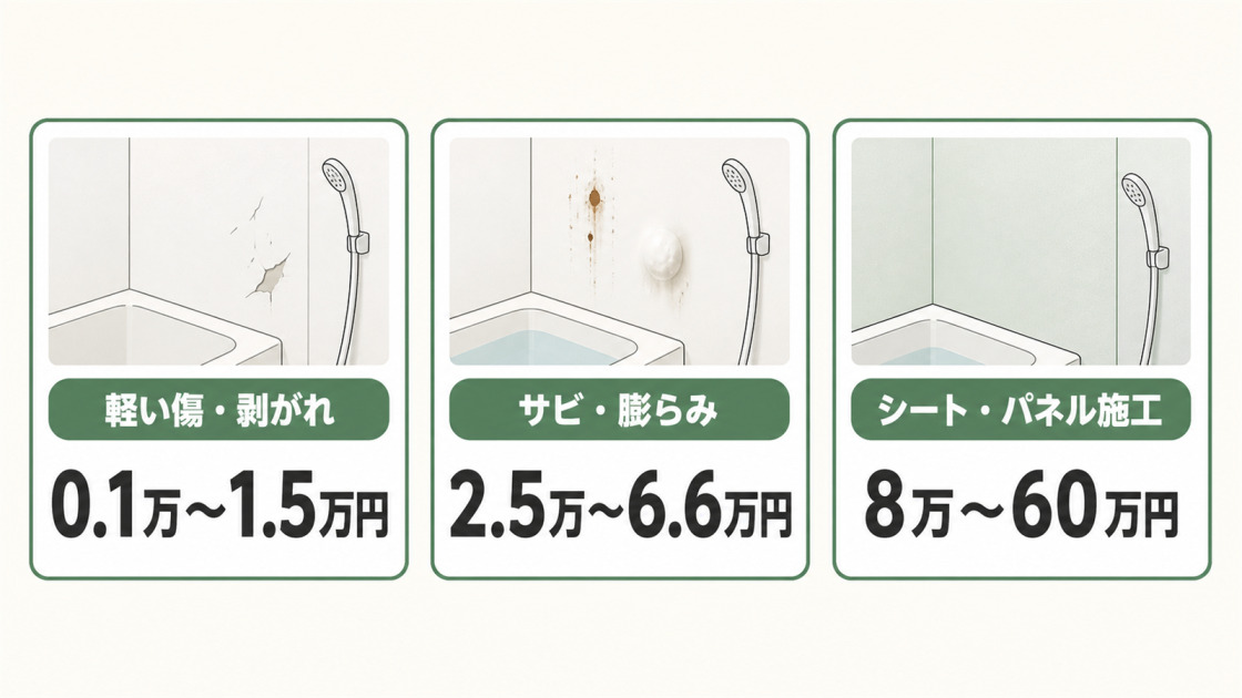 ユニットバスの壁補修費用を、軽い傷・剥がれ0.1万〜1.5万円、サビ・膨らみ2.5万〜6.6万円、シート・パネル施工8万〜60万円の3段階で比較した図解
