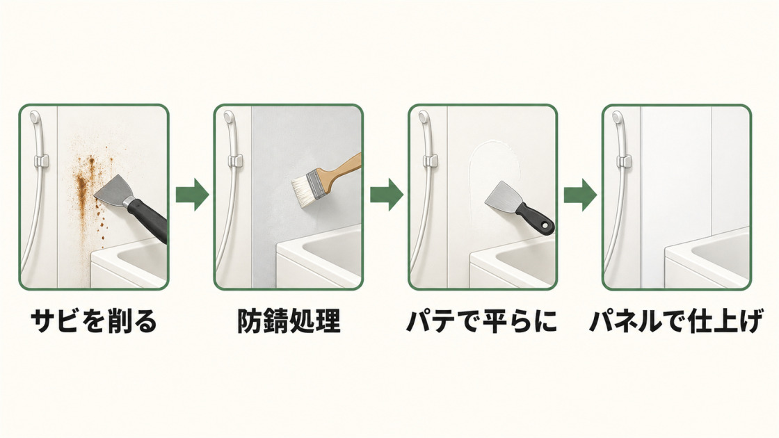 サビを削る、防錆処理、パテで平らにする、パネルで仕上げるというユニットバスの壁のサビ補修工程を示した図解