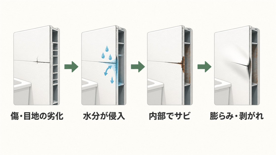傷や目地の劣化から水分が侵入し、内部のサビを経て壁の膨らみ・剥がれに進む流れを示した図解